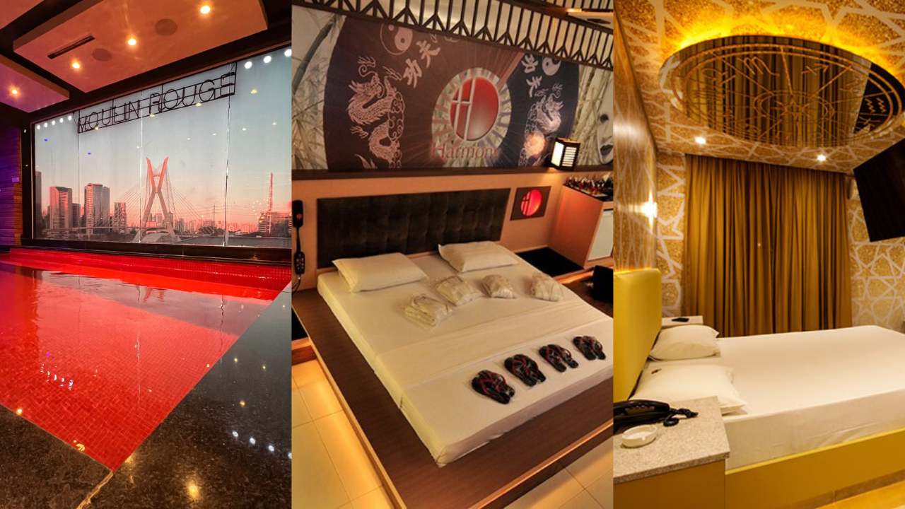 Três quartos de motel com decorações distintas: um com piscina vermelha e vista para a Ponte Estaiada, outro com cama de casal e painel oriental, e um terceiro com cama de casal, paredes douradas e teto espelhado