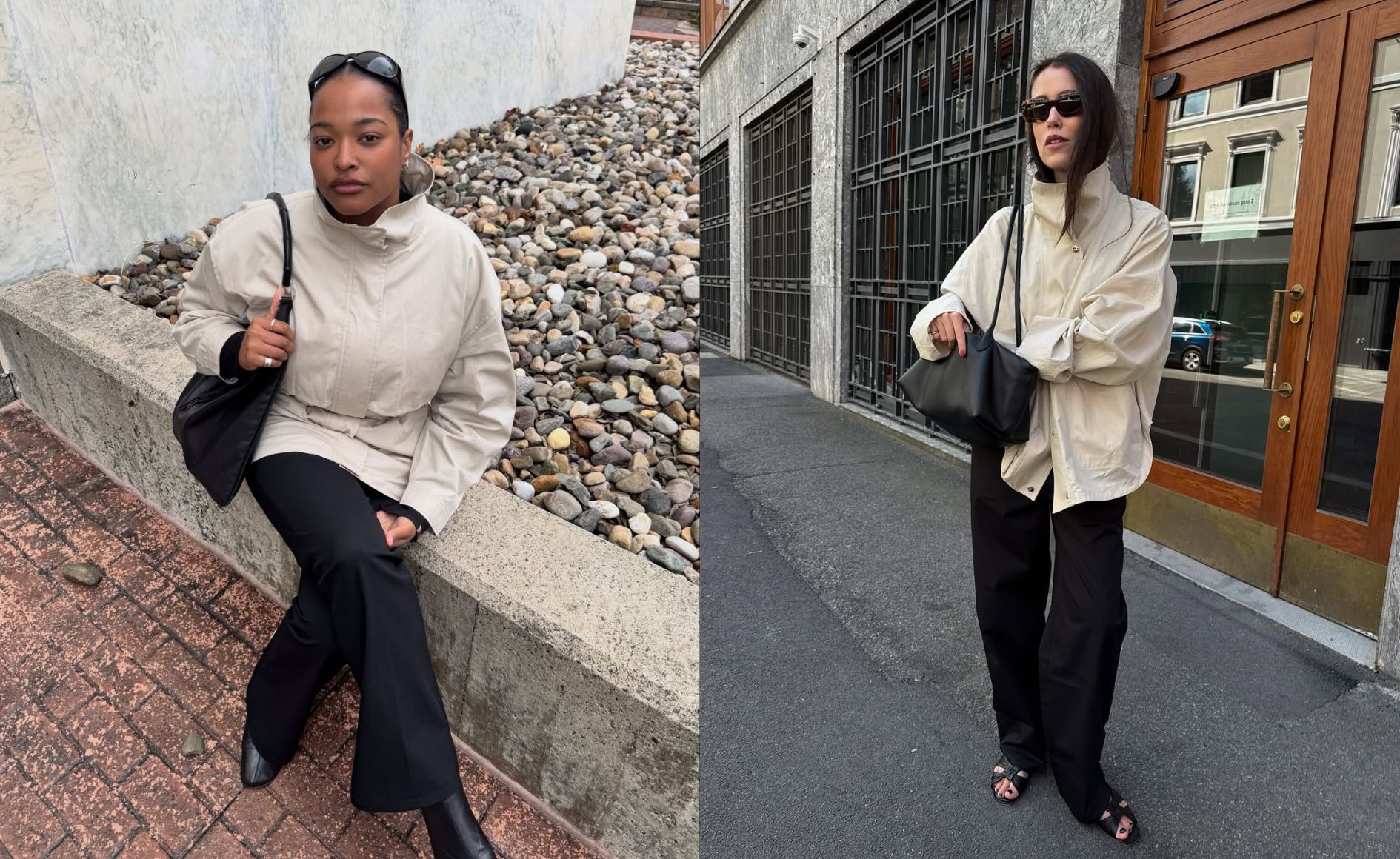 Colagem com duas fotos. A primeira mostra uma mulher negra usando um look composto por jaqueta parka bege, bolsa preta, calça preta e bota de couro. A segunda mostra uma mulher branca usando um look composto por jaqueta parka bege, calça preta, bolsa preta e salto