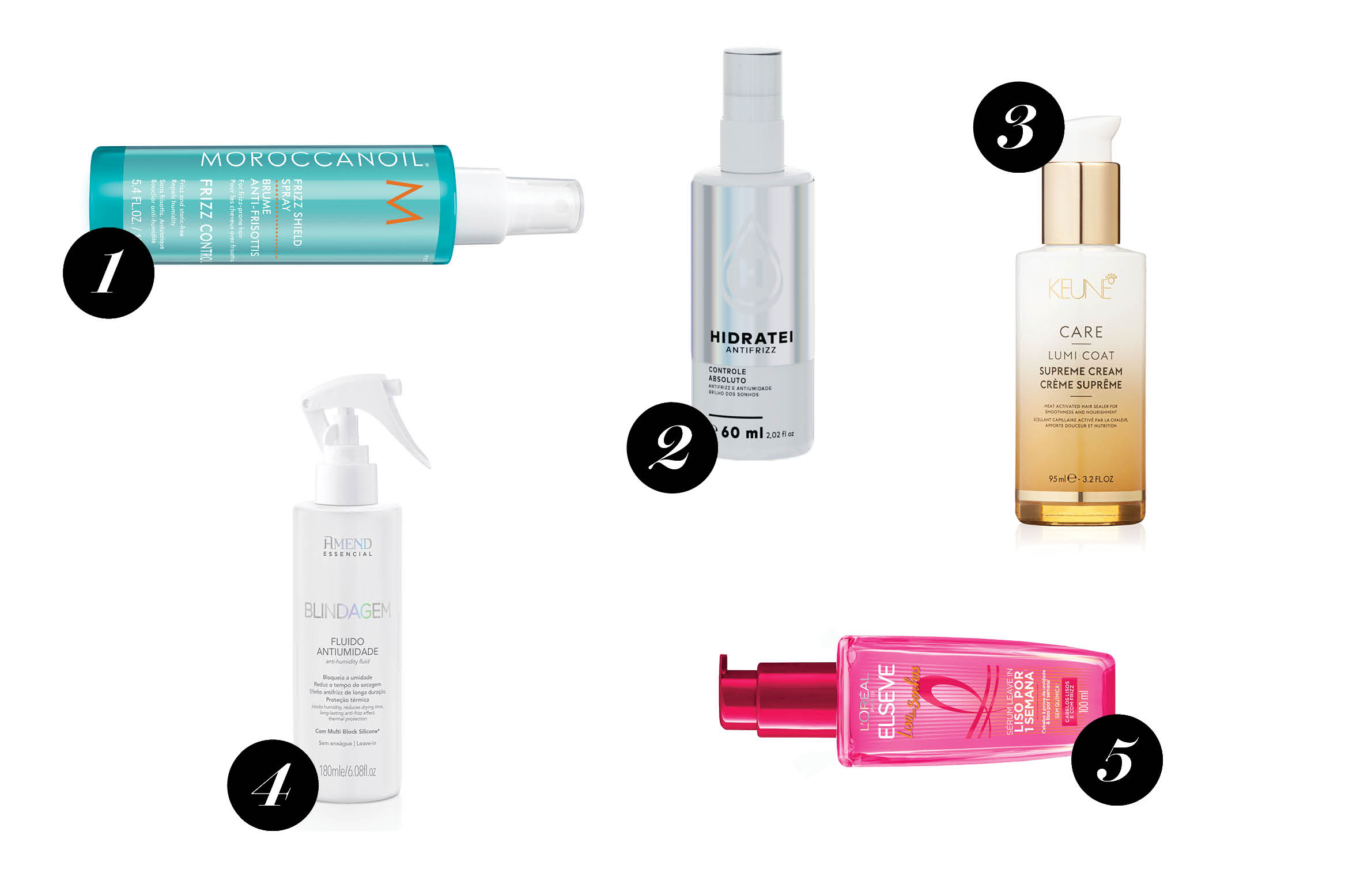 Colagem com produtos de cabelo para controlar o frizz