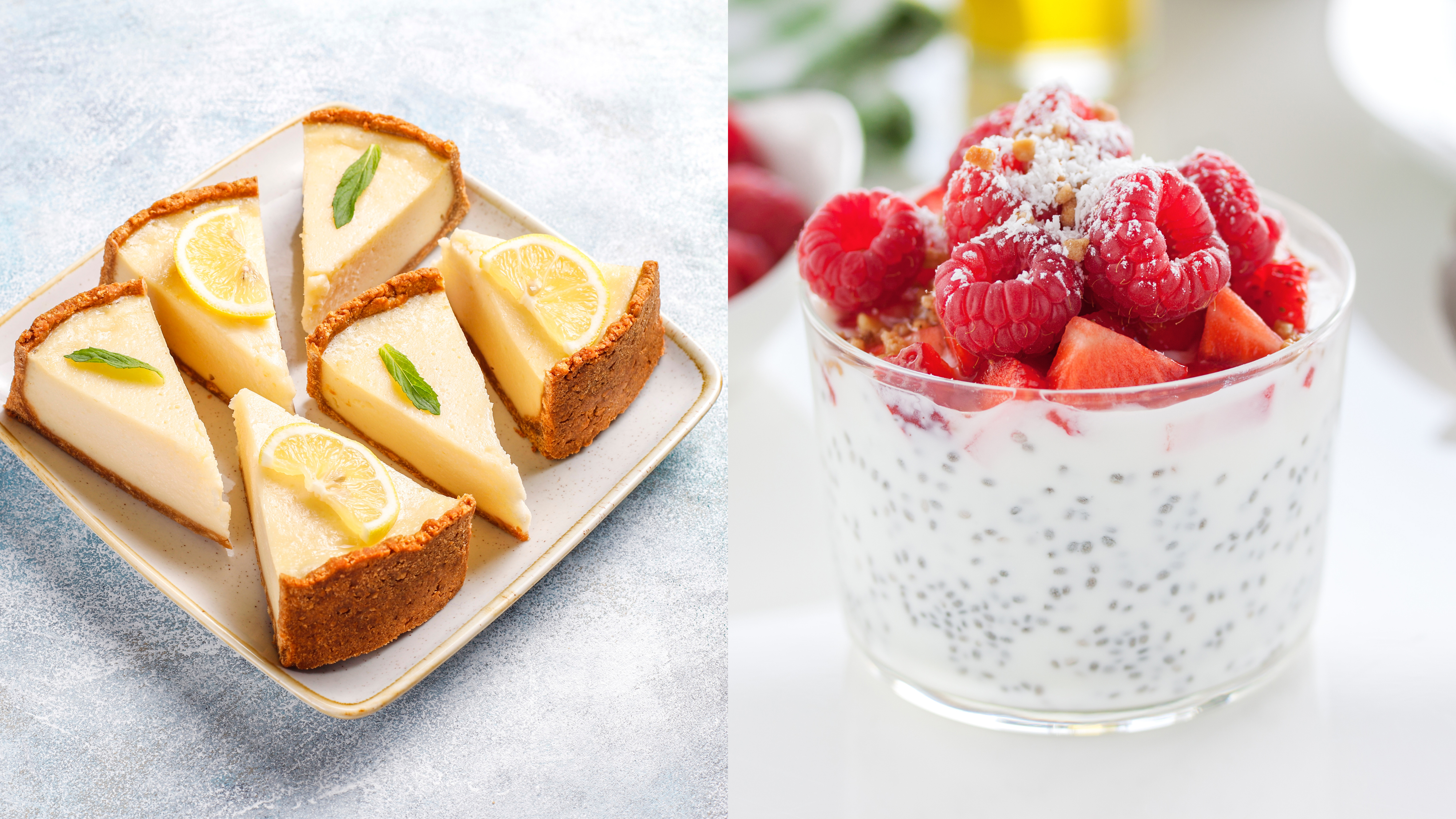 A imagem reúne duas opções de sobremesas funcionais: cheesecake de limão com base de sementes e pudim de chia com frutas vermelhas