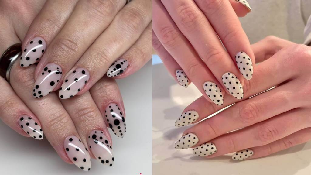 Unhas nude e brancas com po&aacute;s pretos pequenos criando visual elegante e atemporal