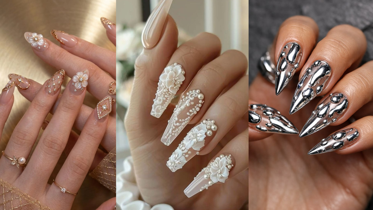 Nail art de noiva com pérolas, cristais e aplicações delicadas seguindo tendência maximalista de 2026