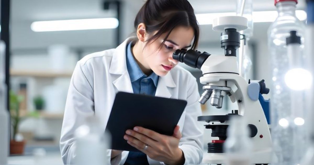 Cientista jovem, com cabelo preso e jaleco branco, observa atentamente atrav&eacute;s de um microsc&oacute;pio branco, enquanto segura um tablet preto com a m&atilde;o esquerda. Ela est&aacute; em um laborat&oacute;rio iluminado, com frascos e equipamentos ao fundo