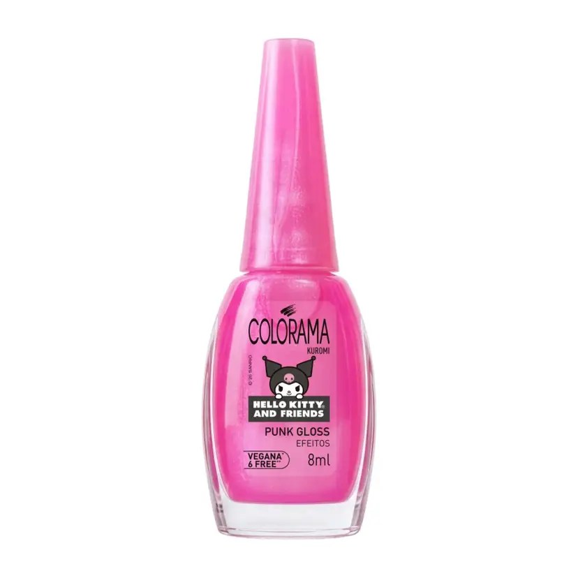Esmalte Colorama Kuromi Hello Kitty and Friends Punk Gloss Efeitos, frasco de vidro transparente com tampa rosa met&aacute;lica, l&iacute;quido rosa vibrante, r&oacute;tulo com a personagem Kuromi e informa&ccedil;&otilde;es do produto, 8ml, vegano e 6 free