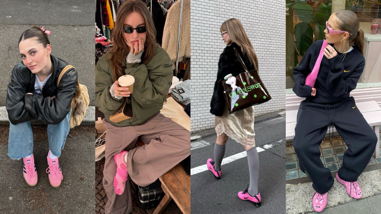 Quatro mulheres jovens com diferentes estilos de roupa, todas usando tênis rosa vibrante. A primeira está sentada na rua, a segunda em um banco com café, a terceira andando com uma bolsa e a quarta sentada em um banco branco.