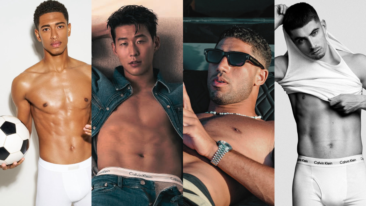 Quatro jogadores de futebol posam para fotos de campanha. Da esquerda para a direita: Jude Bellingham sem camisa segurando uma bola, Son Heung-min de jaqueta jeans aberta, Rúben Dias de óculos escuros e colar, e Kai Havertz levantando a camiseta regata branca, todos exibindo cuecas Calvin Klein
