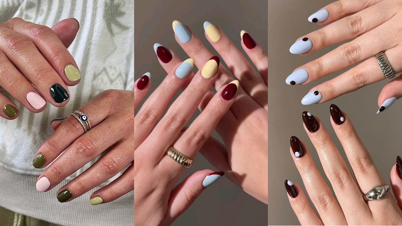 Três pares de mãos com unhas decoradas. À esquerda, unhas curtas em tons pastel de verde, rosa, preto e marrom. No centro, unhas ovais com francesinha colorida em azul, amarelo e vinho. À direita, unhas ovais em azul claro com bolinhas pretas e marrom escuro com bolinhas brancas