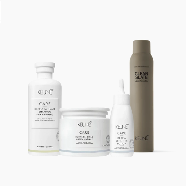 Quatro produtos Keune para cabelo em fundo branco: shampoo branco Derma Activate, m&aacute;scara branca Derma Sensitive, lo&ccedil;&atilde;o branca Derma Sensitive e spray cinza Clean Slate