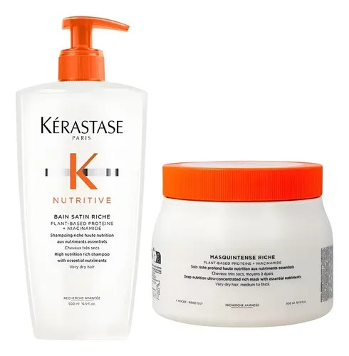 Frasco branco de shampoo K&eacute;rastase Nutritive Bain Satin Riche com v&aacute;lvula laranja e pote branco de m&aacute;scara capilar Masquintense Riche com tampa laranja, ambos para cabelos secos