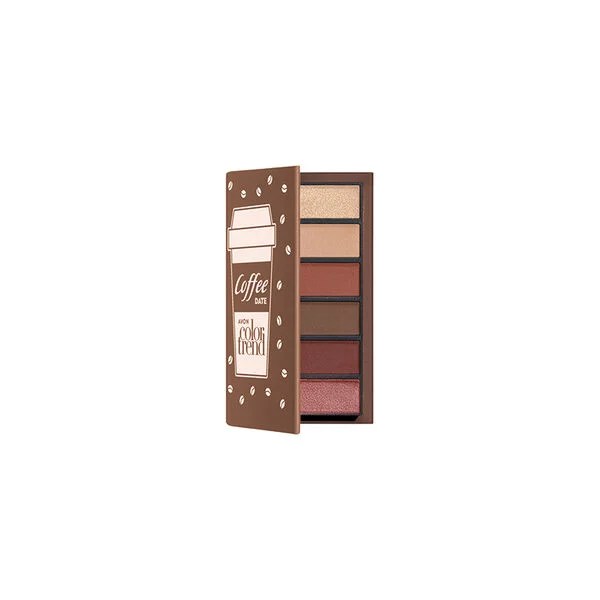 Paleta de sombras Avon Color Trend Coffee Date, aberta, com seis tons de marrom e bege, incluindo um cintilante e um opaco, em embalagem marrom com desenho de copo de caf&eacute; e gr&atilde;os