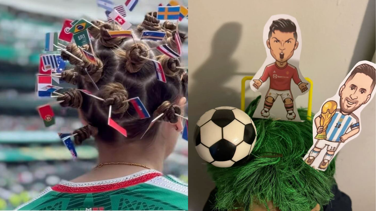Duas imagens lado a lado. À esquerda, a parte de trás da cabeça de uma pessoa com cabelo preso em vários coques, cada um com uma pequena bandeira de país espetada. À direita, uma bola de futebol e recortes de papel de Cristiano Ronaldo e Messi segurando a taça da Copa do Mundo, sobre uma superfície verde que simula grama