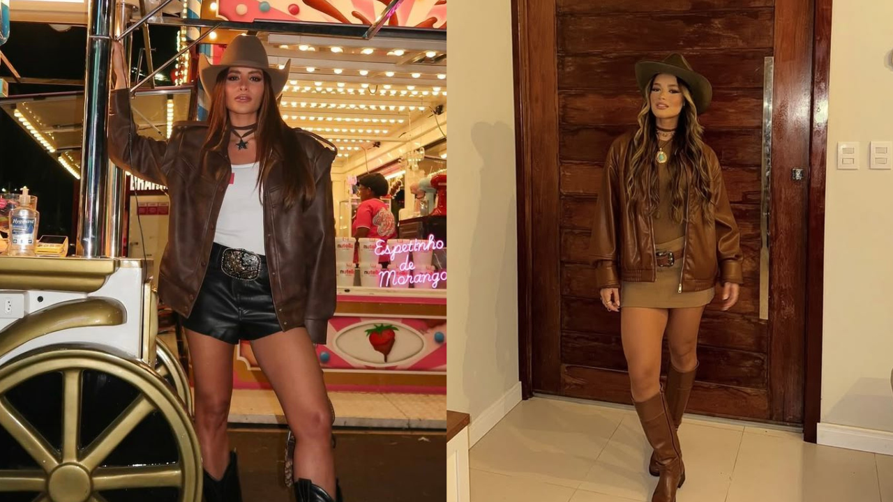 Duas mulheres posam com roupas de cowboy. À esquerda, uma mulher de chapéu, jaqueta marrom, shorts de couro e botas, em frente a um carrinho de doces iluminado. À direita, outra mulher de chapéu, jaqueta marrom, minissaia e botas, em um ambiente interno com porta de madeira