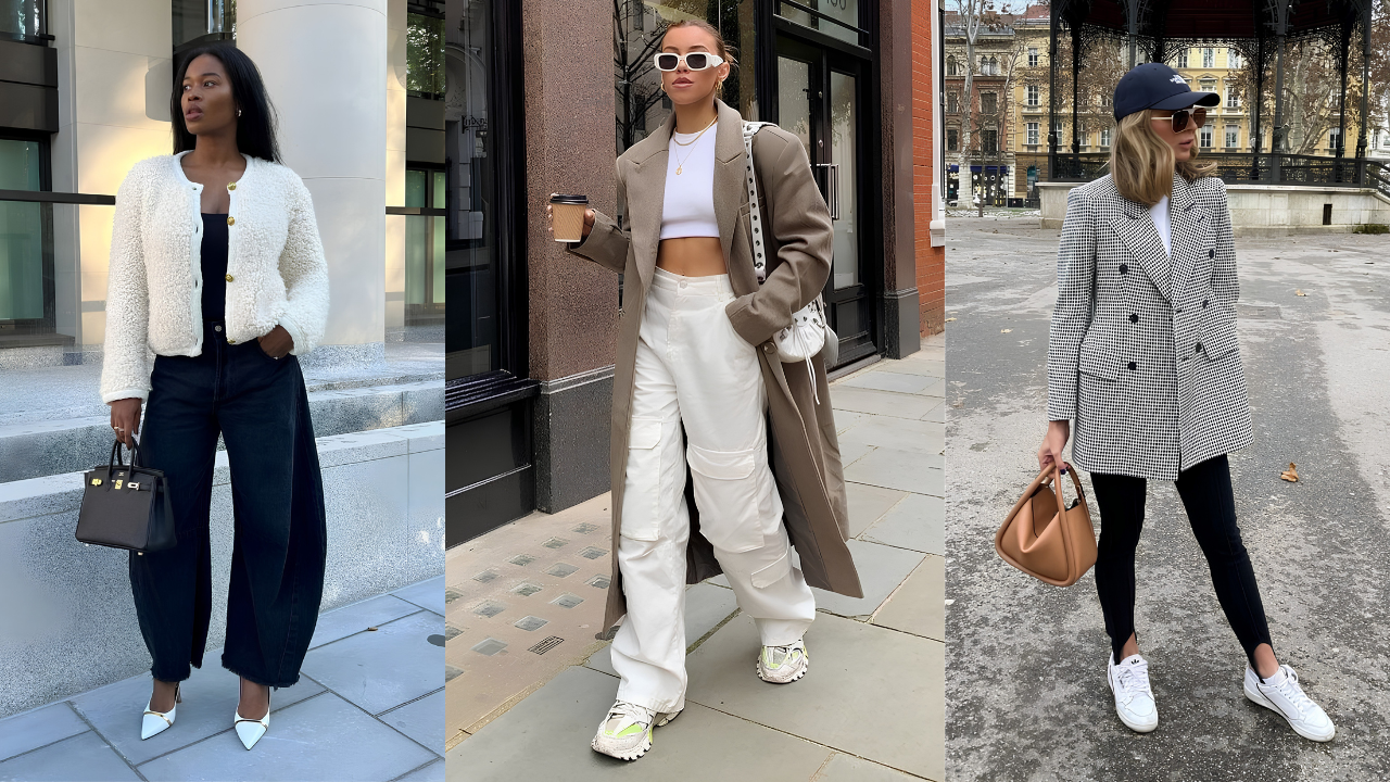Três mulheres em looks de moda urbana. Da esquerda para a direita: mulher negra com casaco branco texturizado, calça jeans escura e bolsa preta; mulher branca de óculos escuros, casaco marrom, top branco, calça cargo branca e tênis; mulher branca de boné, blazer xadrez, calça preta e tênis brancos