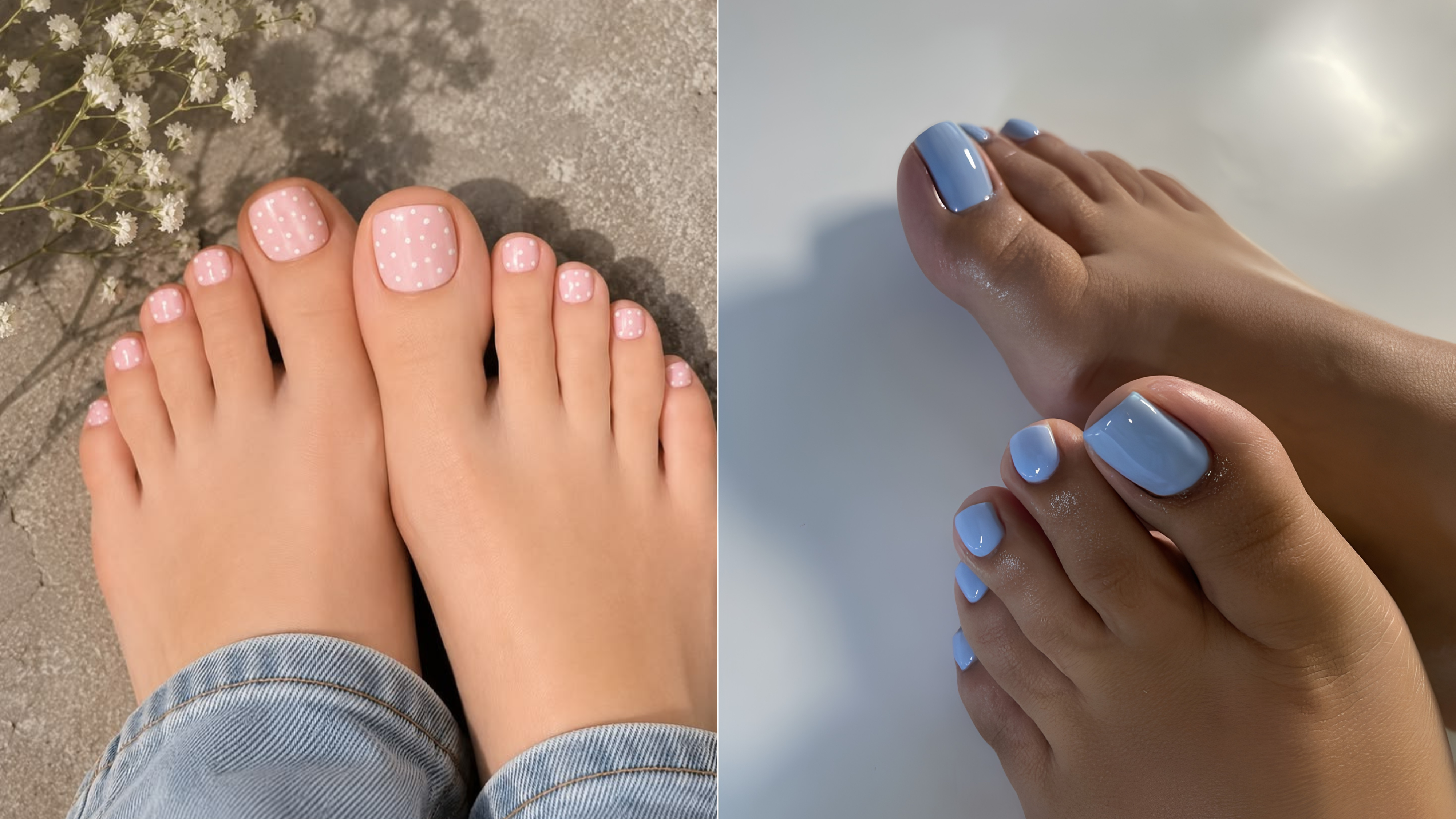 Duas fotos lado a lado de pés femininos com unhas pintadas. À esquerda, pés com unhas rosa claro e bolinhas brancas, usando jeans, sobre fundo cinza com flores brancas. À direita, pés com unhas azuis claras, sobre fundo branco