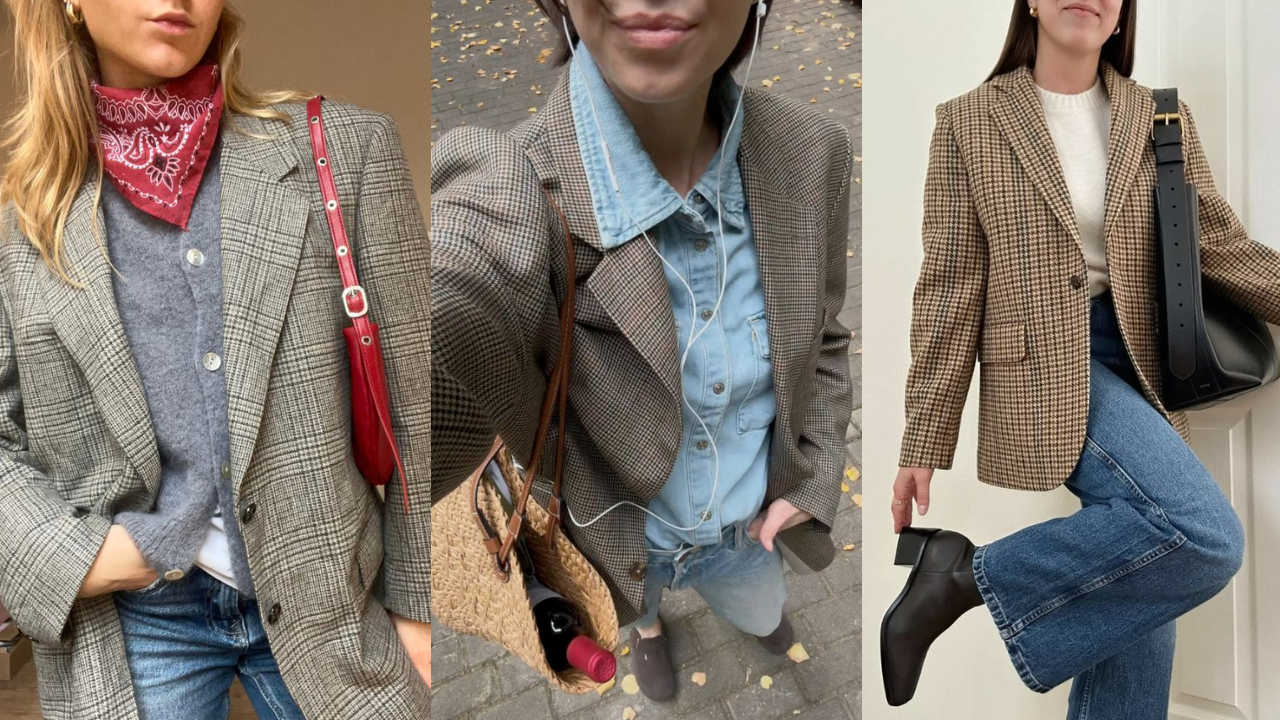 Três mulheres exibindo blazers xadrez em tons neutros, combinados com jeans e diferentes acessórios como lenço vermelho, camisa jeans e bolsa preta