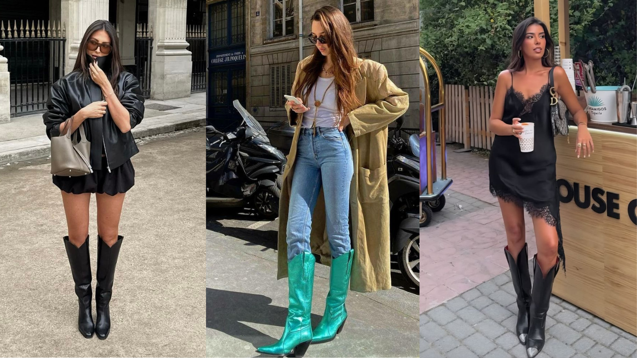 Três mulheres exibem botas de cano alto em diferentes estilos. A primeira usa botas pretas com shorts e jaqueta de couro. A segunda, botas turquesa com jeans e sobretudo. A terceira, botas pretas com vestido de seda e renda