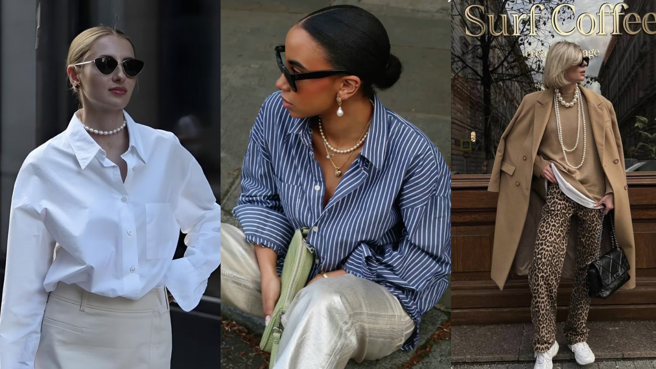 Três mulheres exibindo looks com pérolas. À esquerda, uma mulher loira de óculos escuros e camisa branca. Ao centro, uma mulher de cabelo preso, óculos escuros, camisa listrada azul e calça prateada. À direita, uma mulher loira de óculos escuros, casaco e suéter marrons, calça de oncinha e tênis brancos, em frente a uma loja Surf Coffee