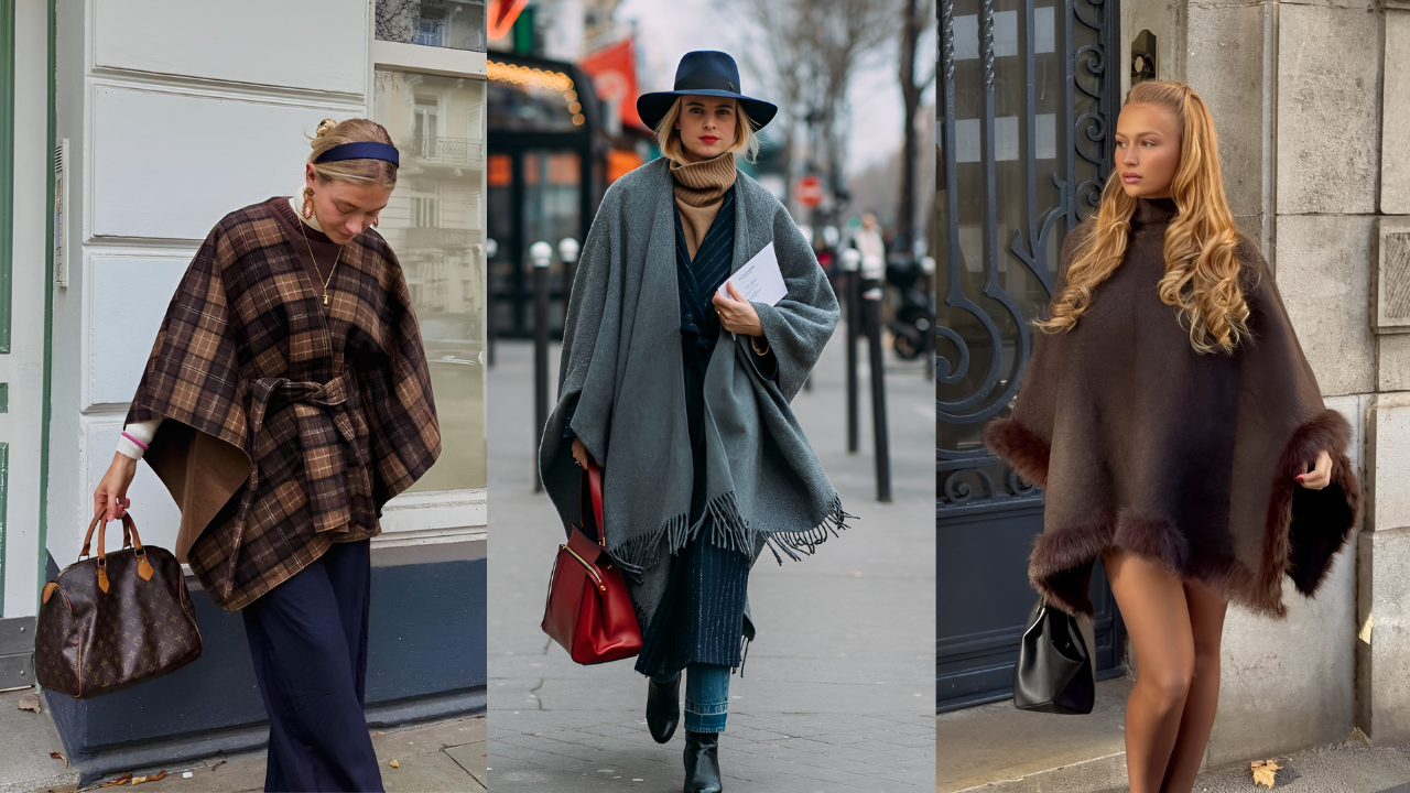 Três mulheres exibem diferentes ponchos em ambientes urbanos. A primeira usa um poncho xadrez marrom com cinto e bolsa Louis Vuitton. A segunda veste um poncho cinza com franjas, chapéu preto, gola alta bege e bolsa vermelha. A terceira usa um poncho marrom com detalhes de pele e bolsa preta, com cabelos longos e ondulados