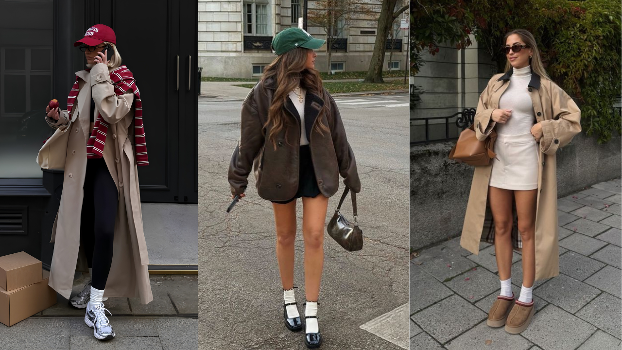 Três mulheres jovens posam em ambientes urbanos, exibindo diferentes estilos de moda com casacos longos, bonés e meias brancas visíveis