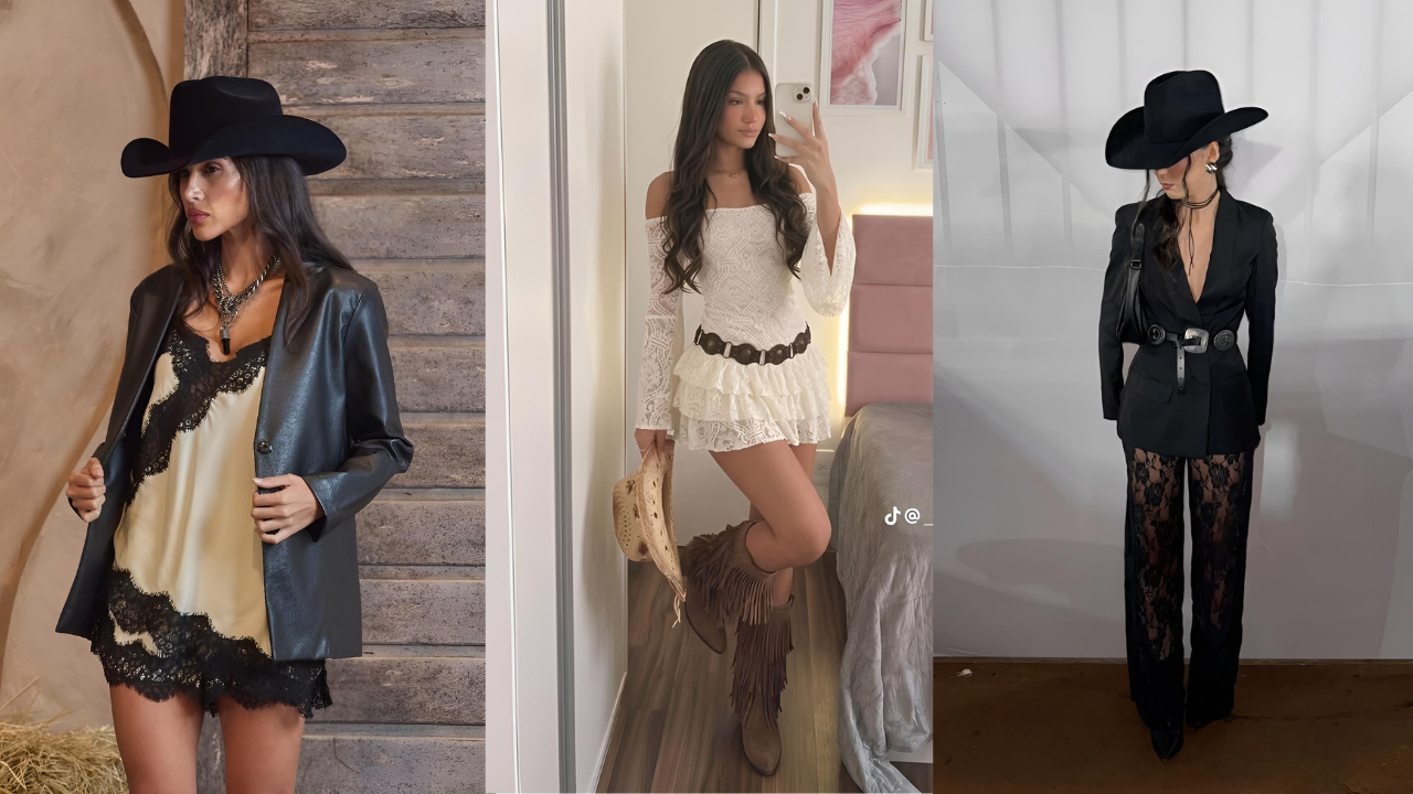 Três mulheres posam com looks inspirados no estilo country. A primeira usa chapéu preto, jaqueta de couro, blusa de seda com renda e colar. A segunda, em frente a um espelho, veste minivestido branco de renda, cinto marrom e botas de franjas, segurando um chapéu de palha. A terceira usa chapéu preto, blazer com cinto de fivela grande, calça de renda preta e bolsa de ombro