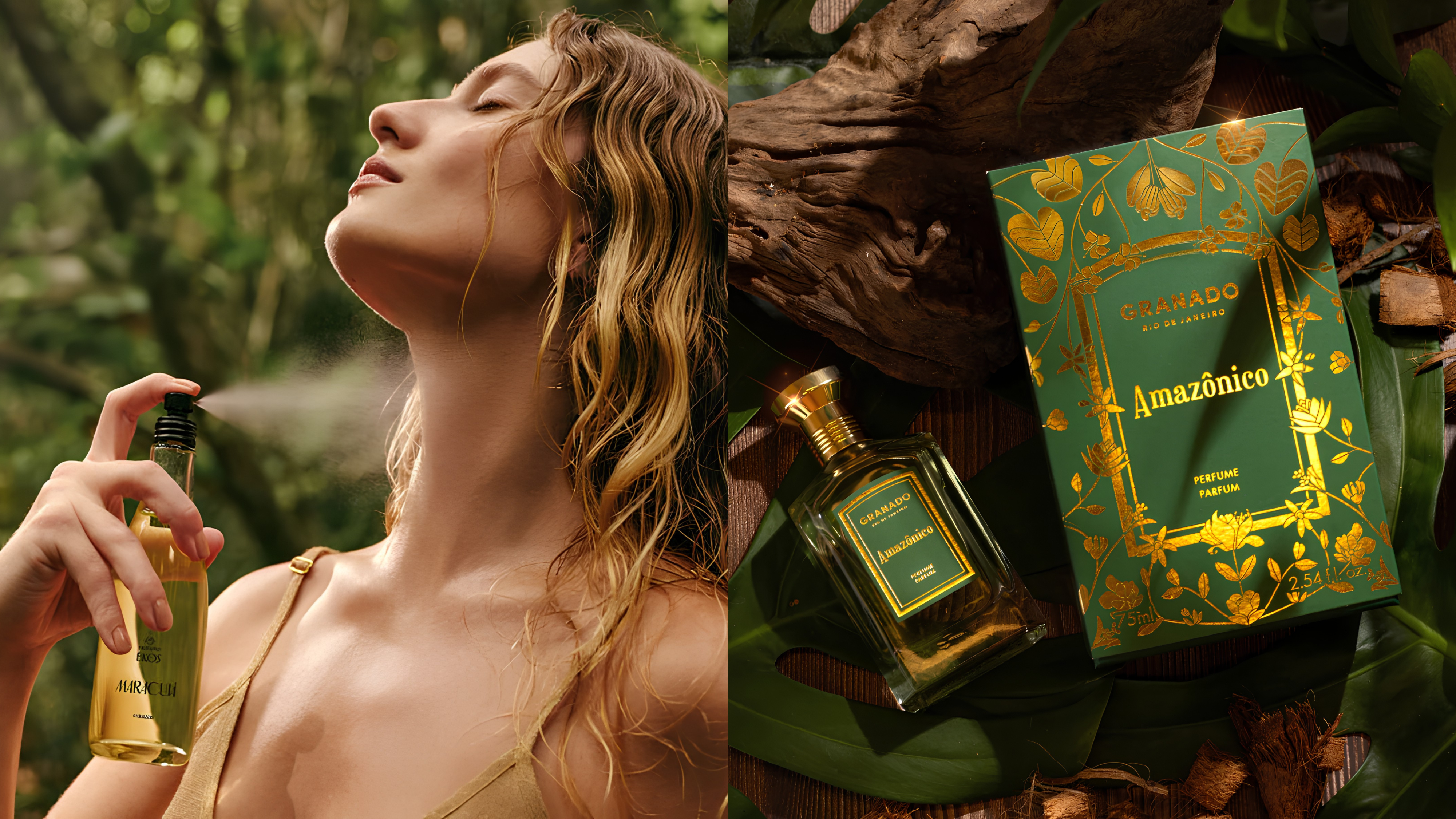 Mulher de cabelos ondulados, olhos fechados e pescoço esticado, borrifando um spray corporal de maracujá no colo. Ao lado, um frasco e uma caixa de perfume Granado Amazônico, em tons de verde e dourado, sobre folhas e madeira