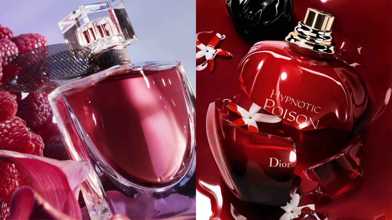 Dois frascos de perfume. À esquerda, um frasco de vidro transparente com líquido rosa, laço preto e framboesas. À direita, um frasco vermelho com "Hypnotic Poison" e "Dior" em dourado, cercado por líquido vermelho e flores brancas
