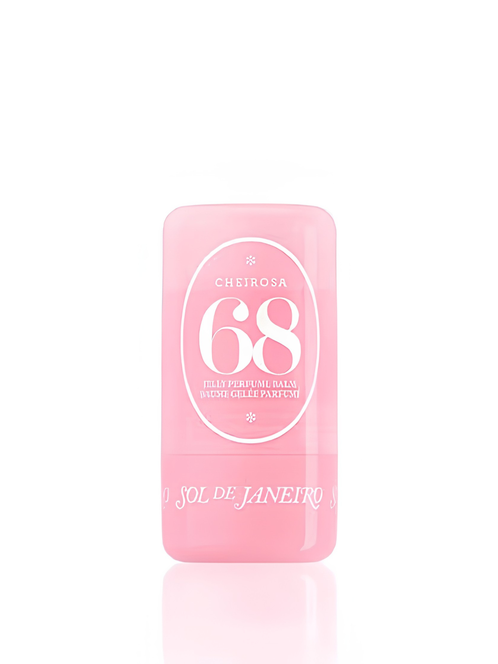 B&aacute;lsamo perfumado Cheirosa 68 da Sol de Janeiro, em embalagem retangular rosa transl&uacute;cida com r&oacute;tulo oval branco e letras brancas, sobre fundo branco com reflexo