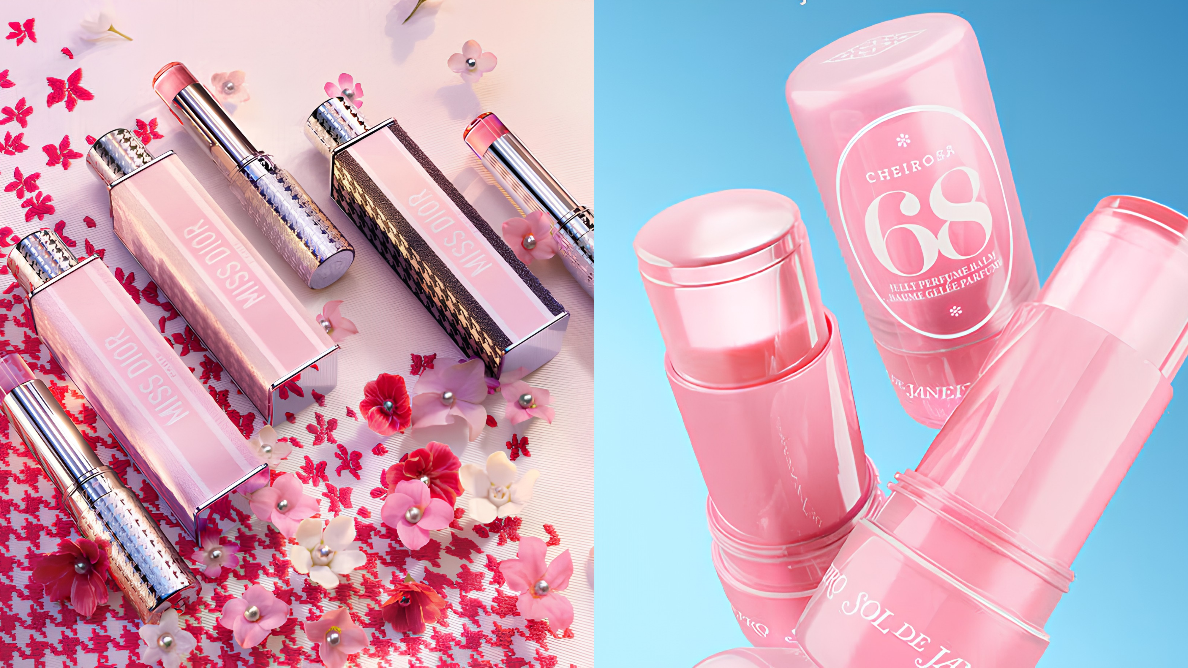 À esquerda, produtos Miss Dior: três batons rosa em embalagens prateadas e duas caixas rosa com o nome da marca, sobre um tecido branco com estampa vermelha e flores rosa e brancas. À direita, três embalagens cilíndricas rosa de perfume sólido Cheirosa 68 da Sol de Janeiro, flutuando em um fundo azul
