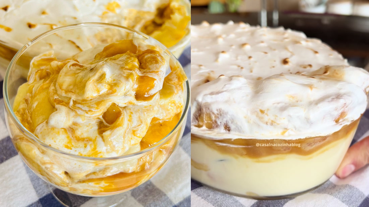 Duas sobremesas em taças de vidro: à esquerda, creme branco e calda de caramelo misturados; à direita, camadas de creme branco, doce de leite e merengue tostado, com a mão de uma pessoa segurando a taça