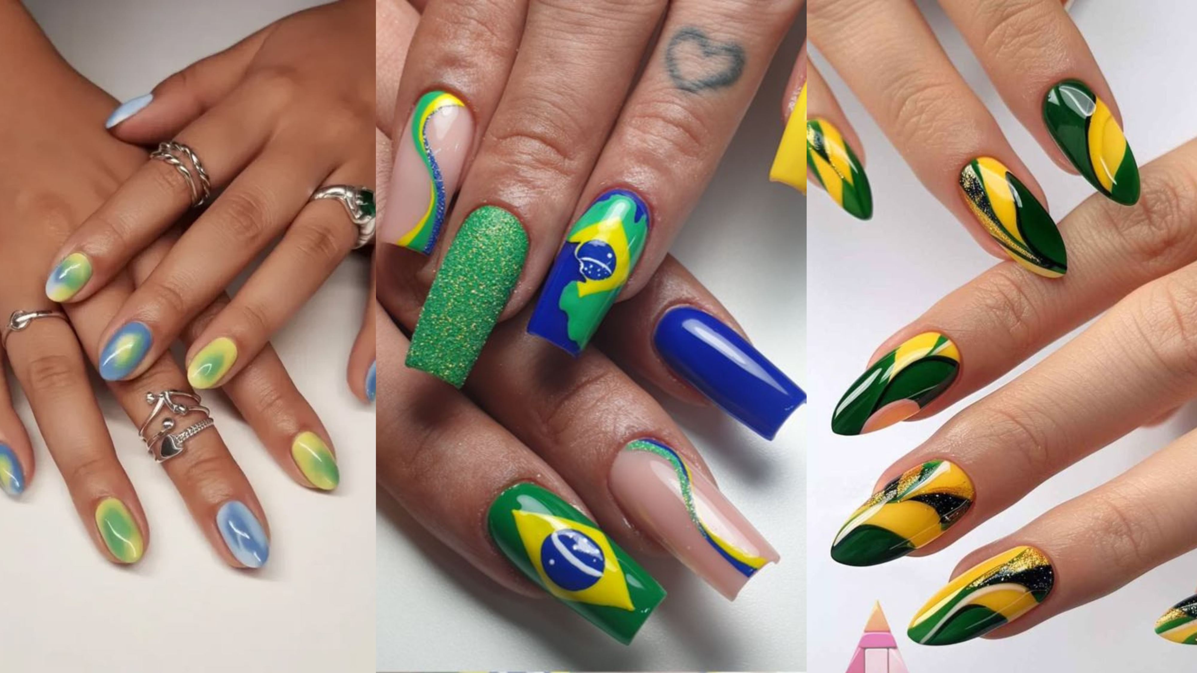 Três fotos lado a lado de mãos com unhas decoradas em verde, amarelo e azul, cores da bandeira do Brasil. A primeira mostra unhas curtas com degradê suave. A segunda exibe unhas longas com bandeiras brasileiras e glitter. A terceira apresenta unhas amendoadas com desenhos abstratos e brilho dourado