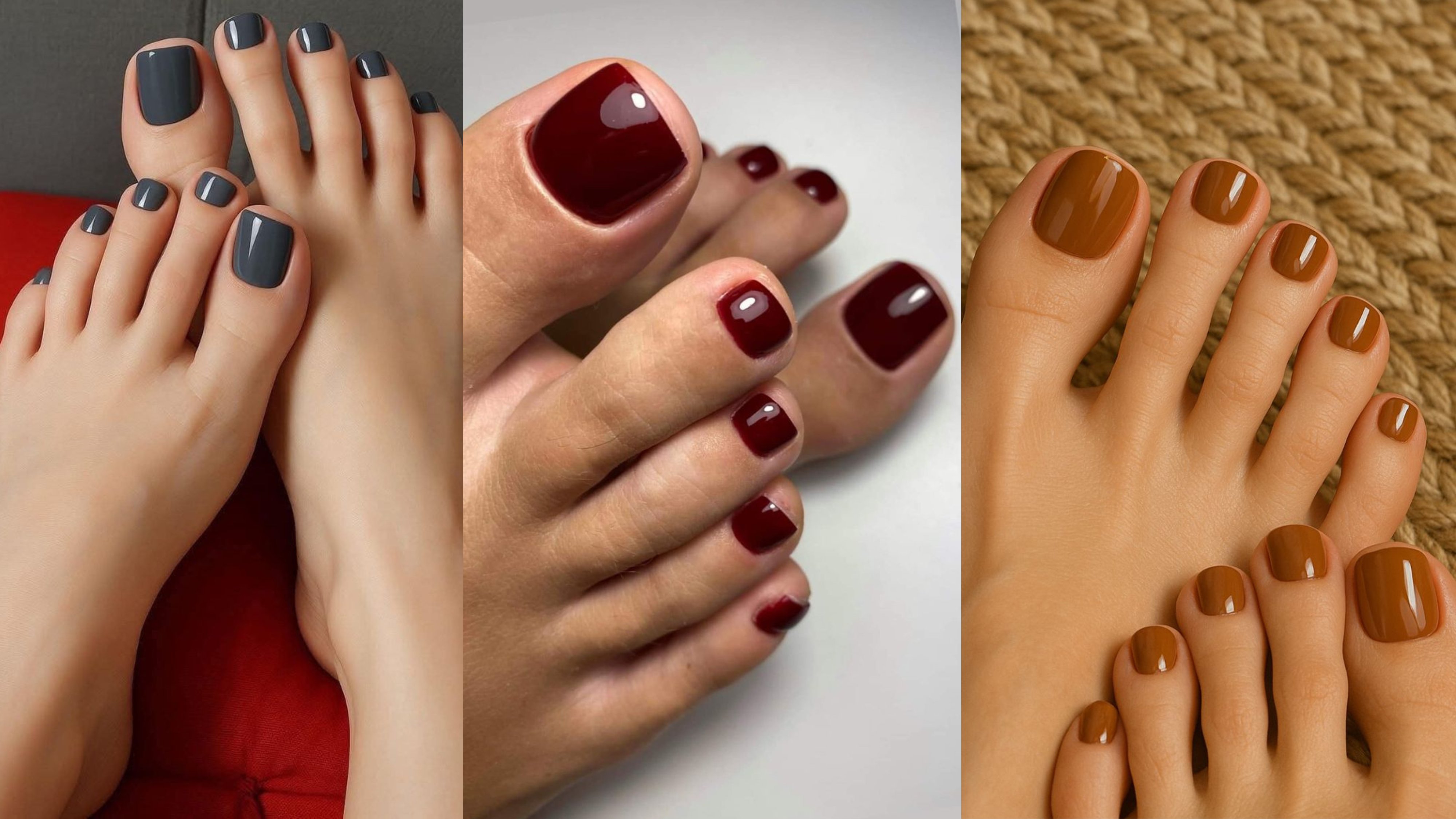 Três pares de pés com unhas pintadas em tons diferentes: cinza escuro, vinho e marrom claro. Cada pé tem unhas brilhantes e bem cuidadas, exibindo tendências de pedicure.