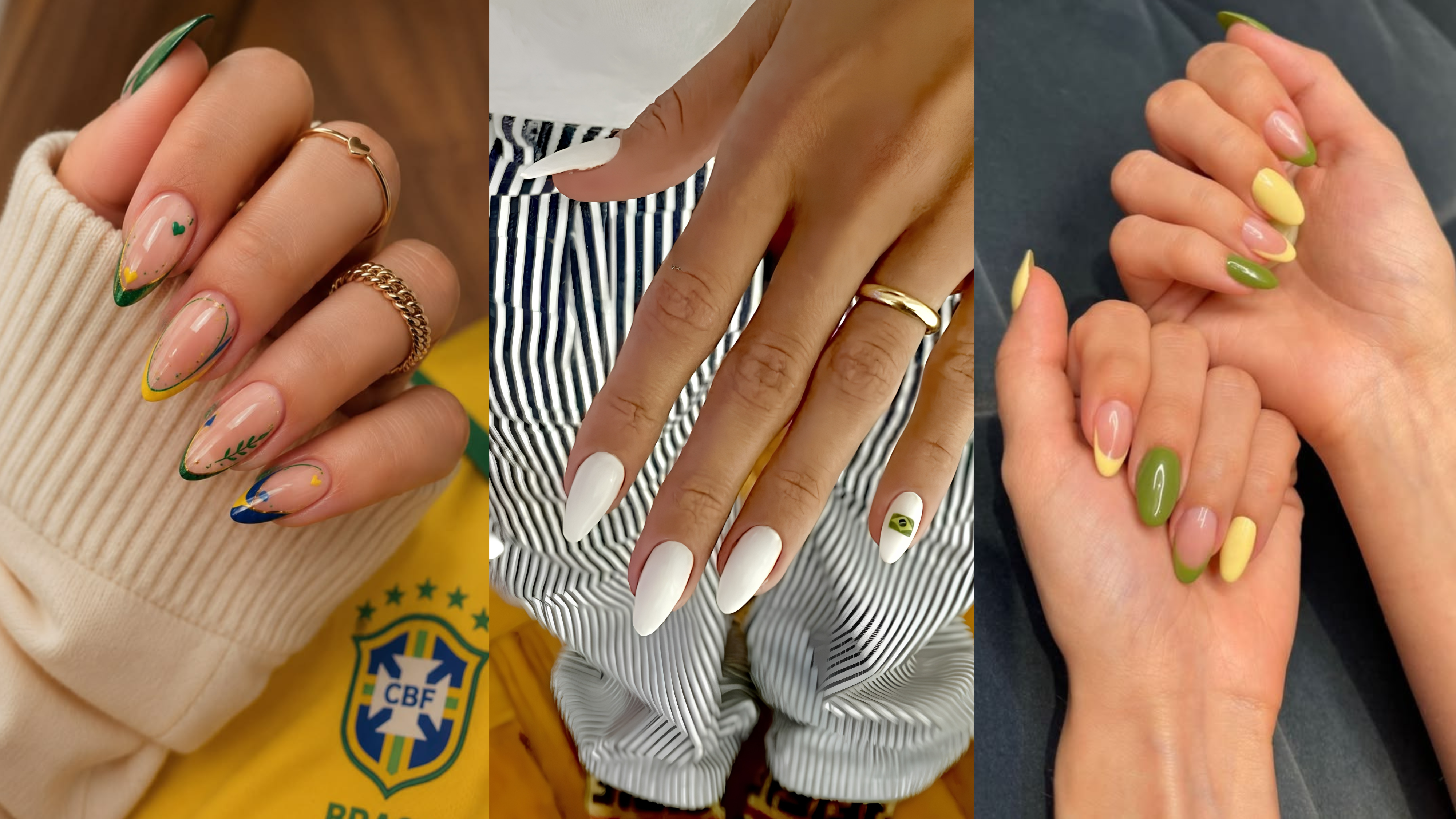 Três fotos de mãos com unhas decoradas em verde, amarelo e azul, cores da bandeira brasileira. A primeira mão veste um suéter creme e uma camisa da CBF, com unhas amendoadas e desenhos abstratos. A segunda mão tem unhas brancas e um anel dourado, com uma miniatura da bandeira do Brasil no dedo anelar. A terceira foto mostra duas mãos com unhas ovais, alternando esmalte verde e amarelo, algumas com francesinha