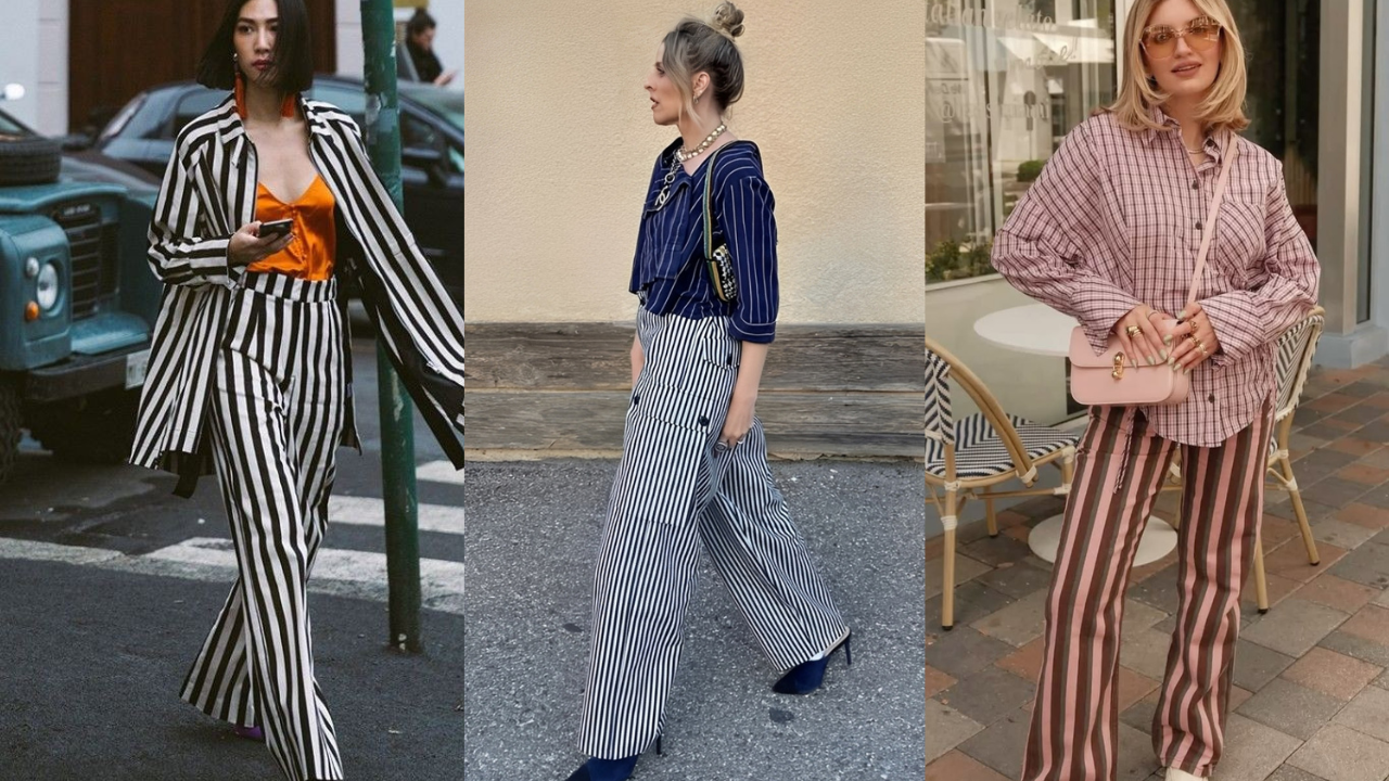 Três mulheres exibem looks com calças listradas. A primeira veste conjunto preto e branco com blusa laranja. A segunda usa calça listrada azul e branca com blusa azul marinho. A terceira, calça listrada marrom e rosa com camisa xadrez rosa e bolsa rosa