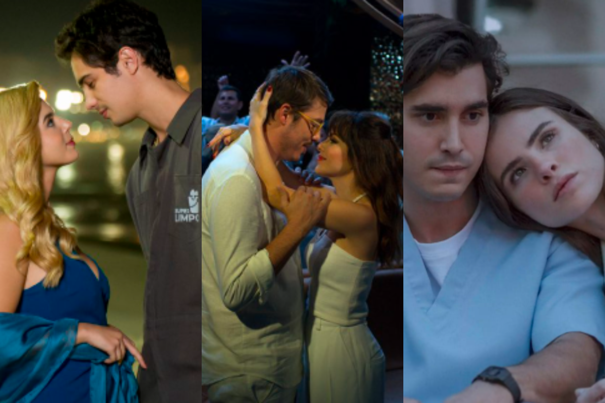 Três casais em momentos românticos. À esquerda, um homem de camisa cinza e uma mulher loira de vestido azul se olham. Ao centro, um homem de óculos e camisa branca abraça uma mulher de cabelo escuro e roupa branca. À direita, um homem de uniforme médico azul abraça uma mulher deitada em seu ombro