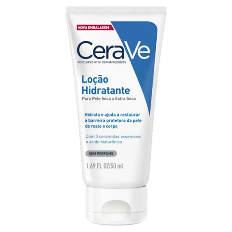 Tubo branco de lo&ccedil;&atilde;o hidratante CeraVe, com tampa flip-top. O r&oacute;tulo azul e branco indica Lo&ccedil;&atilde;o Hidratante Para Pele Seca a Extra Seca, Hidrata e ajuda a restaurar a barreira protetora da pele do rosto e corpo, Com 3 ceramidas essenciais e &aacute;cido hialur&ocirc;nico, Sem Perfume e 1.69 FL OZ/50 ml