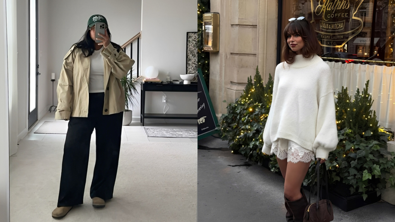 Duas mulheres exibem looks de inverno: uma tira selfie em casa com jaqueta bege, calça preta e boné; a outra posa na rua com suéter branco, shorts de renda, botas e bolsa, em frente a uma loja decorada com luzes