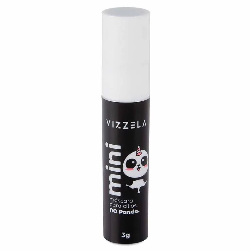 Embalagem cil&iacute;ndrica de r&iacute;mel Vizzela Mini, preta com tampa branca. Na frente, o nome Vizzela em branco, a palavra mini na vertical, e um desenho de panda branco com chifre de unic&oacute;rnio rosa. Abaixo, m&aacute;scara para c&iacute;lios no Panda e 3g