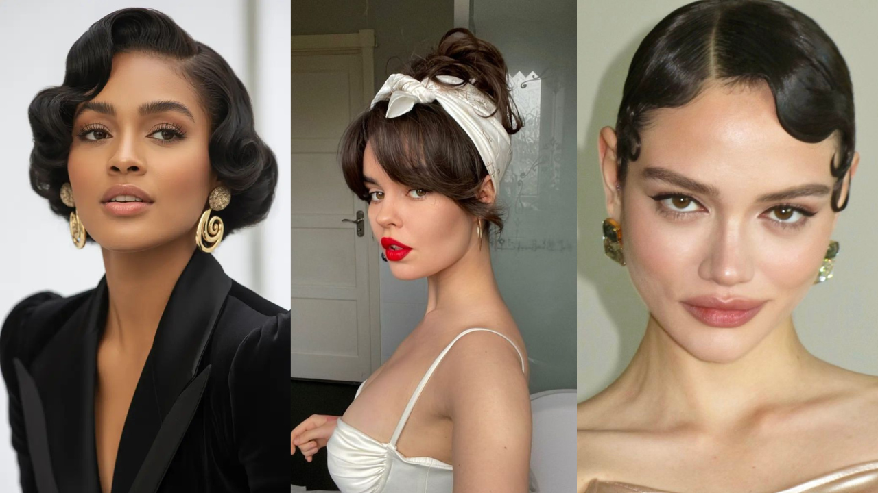 Três mulheres com penteados retrô. À esquerda, uma mulher negra com cabelo ondulado e brincos dourados. No centro, uma mulher branca com coque alto, franja e lenço branco, usando batom vermelho. À direita, uma mulher branca com cabelo ondulado rente à cabeça e brincos escuros