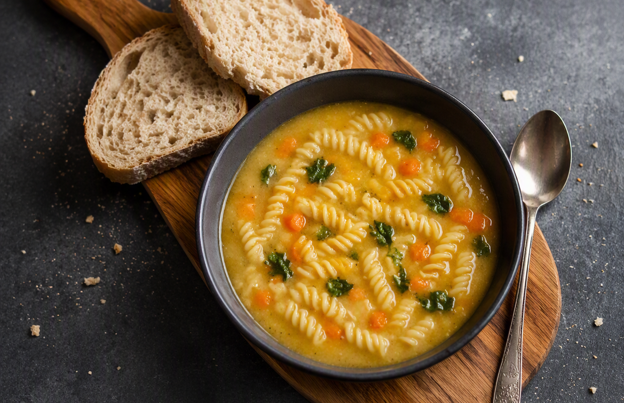 Sopa cremosa de macarrão fusilli, cenoura e folhas verdes em tigela escura, com duas fatias de pão integral e uma colher de metal, sobre tábua de madeira em fundo cinza escuro