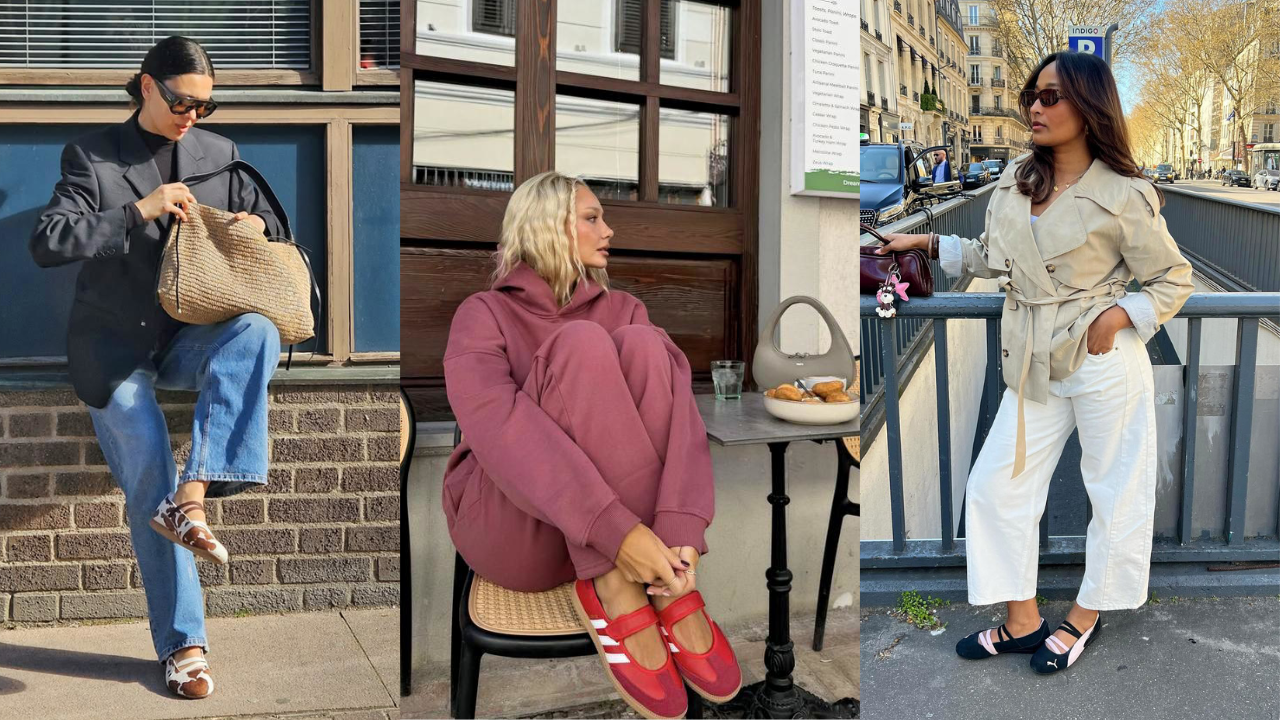 Três mulheres em diferentes cenários urbanos. A primeira, de blazer preto e jeans, ajusta uma bolsa de palha. A segunda, de moletom rosa, senta-se em uma cadeira de café. A terceira, de trench coat bege e calça branca, apoia-se em uma grade na rua
