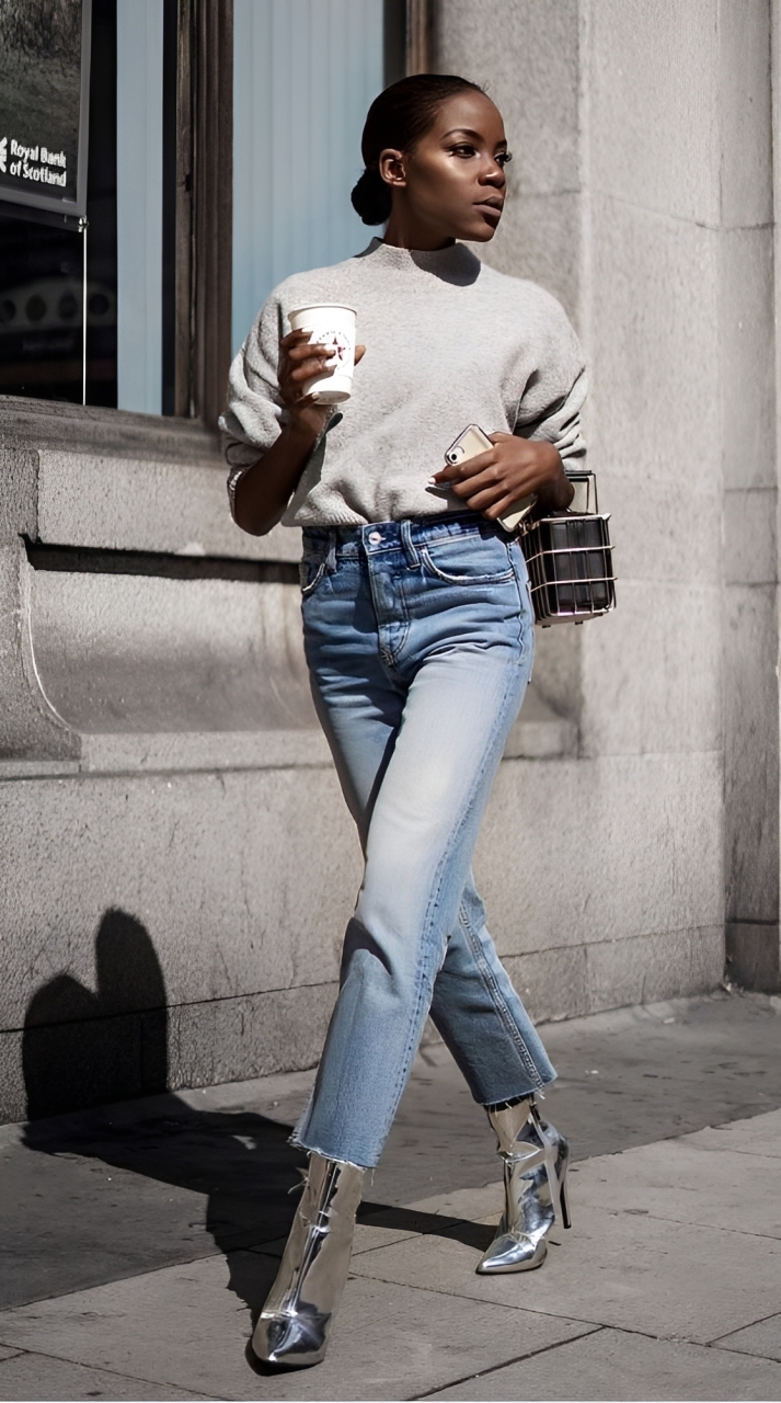 Mulher negra com coque baixo, su&eacute;ter cinza, jeans claro e botas prateadas de salto alto, caminhando na rua com um copo de caf&eacute; e celular na m&atilde;o. Ao fundo, uma janela com o logo Royal Bank of Scotland e uma parede de pedra cinza.