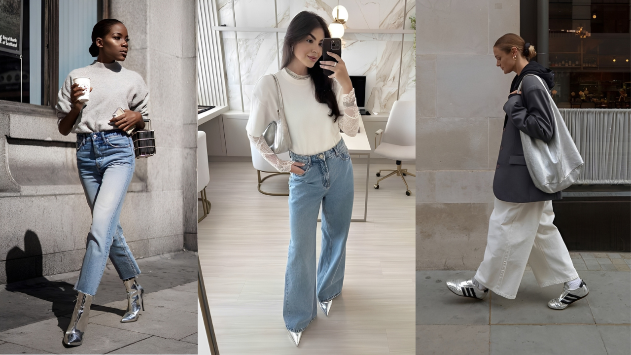 Três mulheres exibem looks com calças jeans e sapatos prateados. A primeira usa jeans reto, suéter cinza e botas de salto. A segunda veste jeans largo, blusa branca com renda e scarpin. A terceira caminha com calça branca, blazer, moletom e tênis prateado
