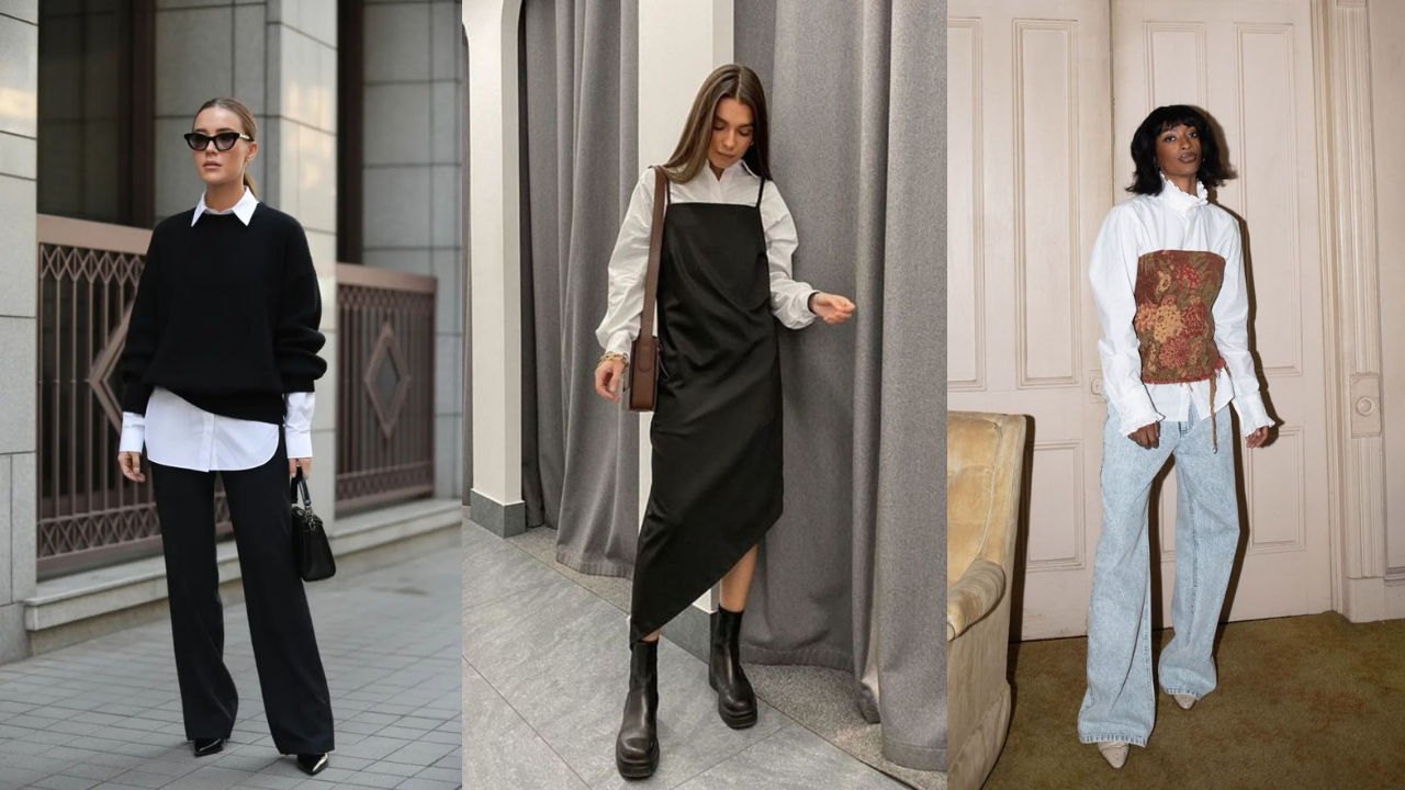 Três mulheres exibem looks com camisa branca. A primeira usa suéter preto, calça preta e óculos escuros. A segunda veste vestido preto sobre a camisa e botas pretas. A terceira, de pele escura, combina a camisa com um corpete marrom e calça jeans clara