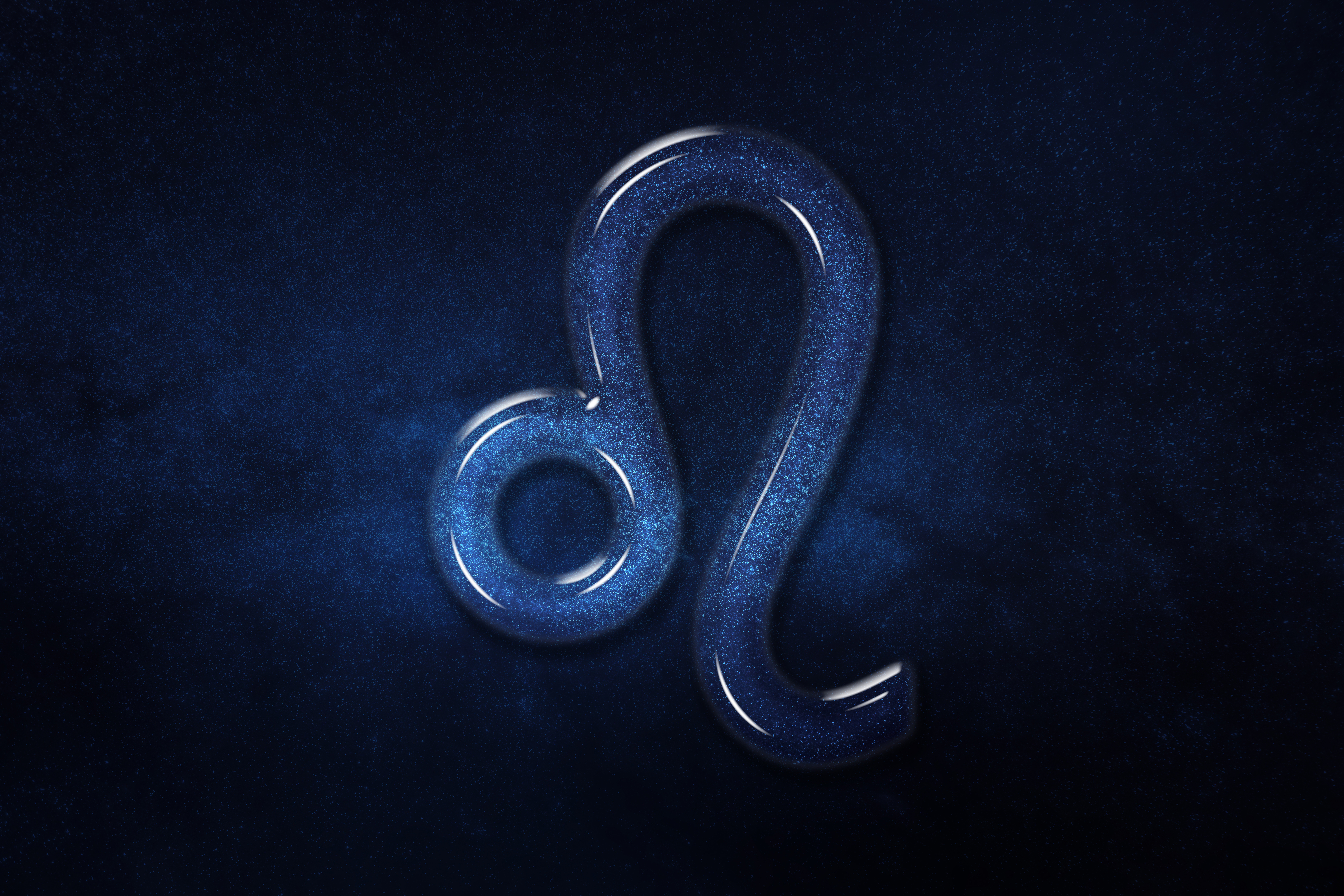 Símbolo do signo de Leão em azul brilhante com textura de glitter, sobre um fundo azul escuro com pontos luminosos que remetem a estrelas