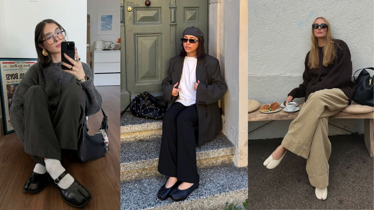 Três mulheres exibem looks com sapatos tabi. A primeira, sentada no chão, usa cardigã cinza, calça escura e sapatilhas pretas com meias brancas. A segunda, sentada em degraus, veste blazer listrado, camiseta branca, calça preta, boina e sapatilhas pretas. A terceira, sentada em banco de madeira, usa suéter escuro, calça bege e sapatilhas brancas, com café e croissant na mesa