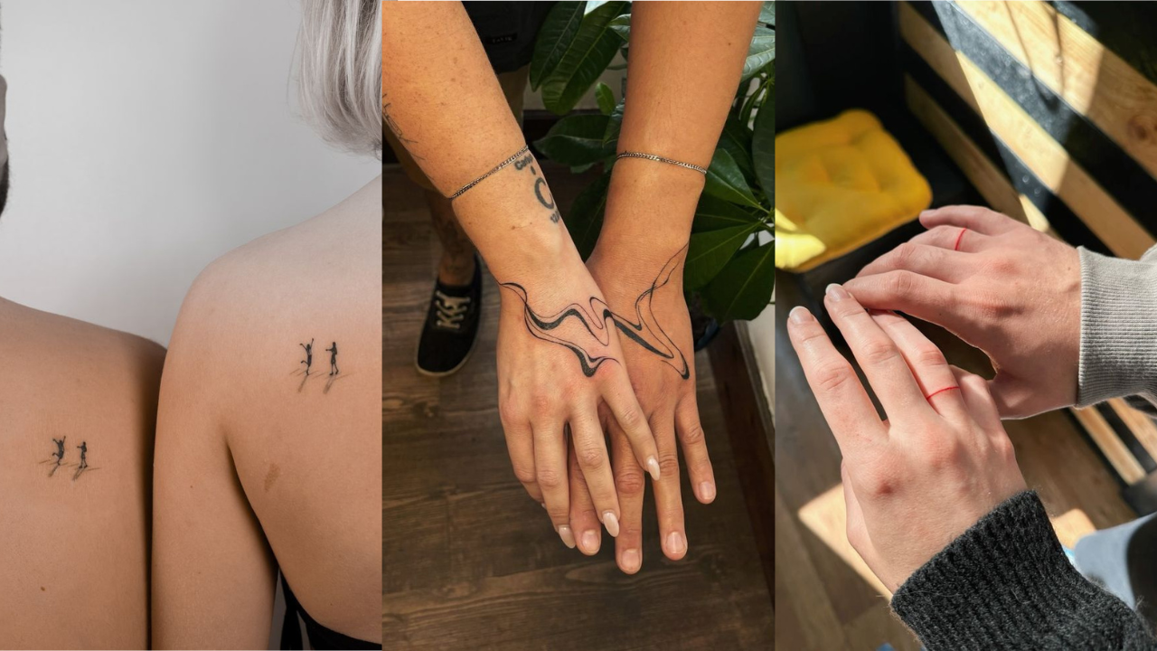Três fotos lado a lado de tatuagens e mãos. À esquerda, duas pessoas com tatuagens idênticas de duas figuras pequenas e escuras pulando. No centro, duas mãos com tatuagens abstratas de linhas pretas onduladas que se conectam. À direita, duas mãos com anéis finos de ouro, uma com manga cinza e a outra com unhas claras