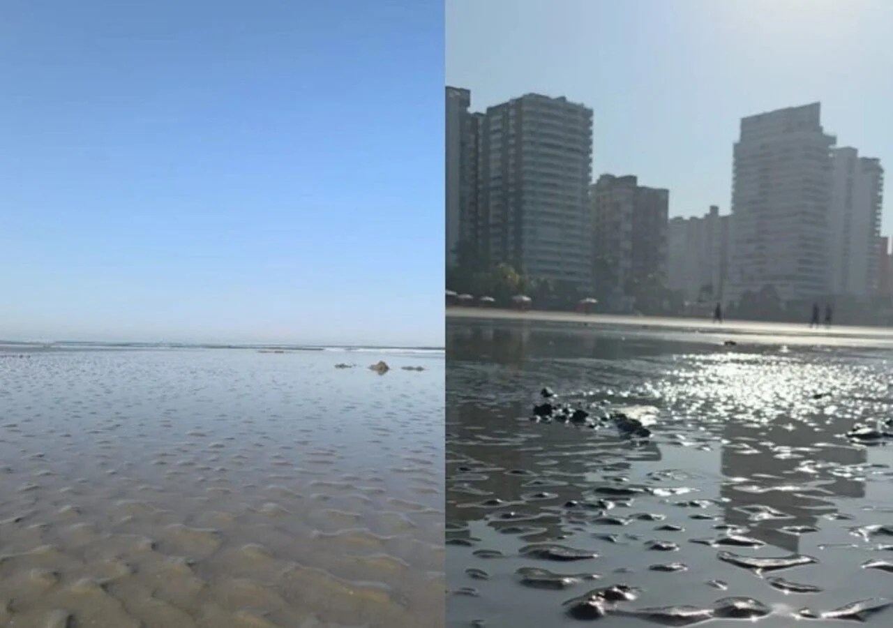 Comparativo de praia: à esquerda, areia clara e água limpa sob céu azul; à direita, areia escura com manchas de óleo e prédios ao fundo, sob sol forte