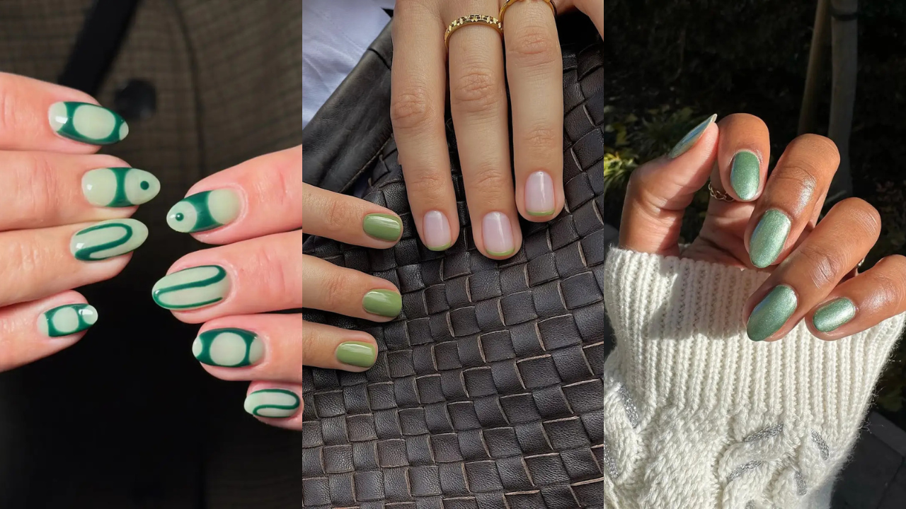 Três fotos de mãos com unhas decoradas em tons de verde. A primeira mostra unhas ovais com desenhos abstratos em verde escuro sobre base clara. A segunda exibe unhas curtas, algumas com esmalte verde-oliva e outras com francesinha verde-clara, sobre uma bolsa preta trançada. A terceira apresenta unhas ovais com esmalte verde-água cintilante, usando uma luva de tricô branca